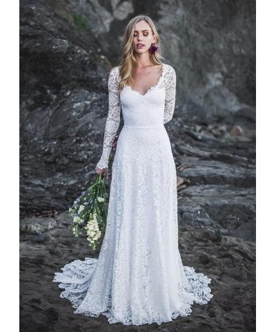 Women's Beach Wedding Dresses for Bride 2024 Long Lace Wedding Bridal Gowns YZTSWD057 I-ivory $57.35 Dresses