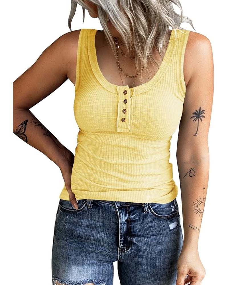 Women's Sleeveless Henley Tank Tops Ribbed V Neck Button Down T Shirts Summer Slim Fit Tee Tops Yellow $10.38 Tanks