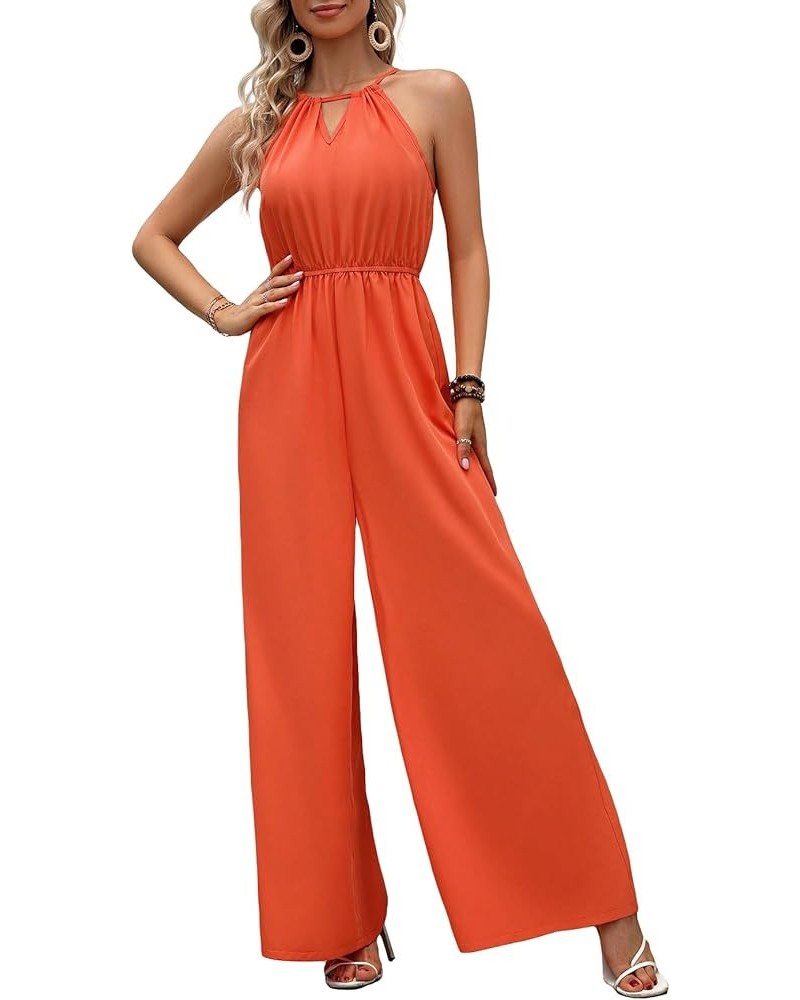 Women's Sleeveless Tie Back Overall Jumpsuit High Waist Wide Leg Halter Summer Long Romper Orange $20.27 Jumpsuits