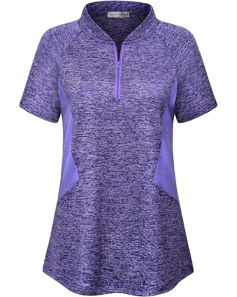 Women's Running Tops Zip Up Collarless Tennis Golf Shirts Yoga Gym Workout Tops Shirts Quick Dry Short Sleeve Light Purple $1...