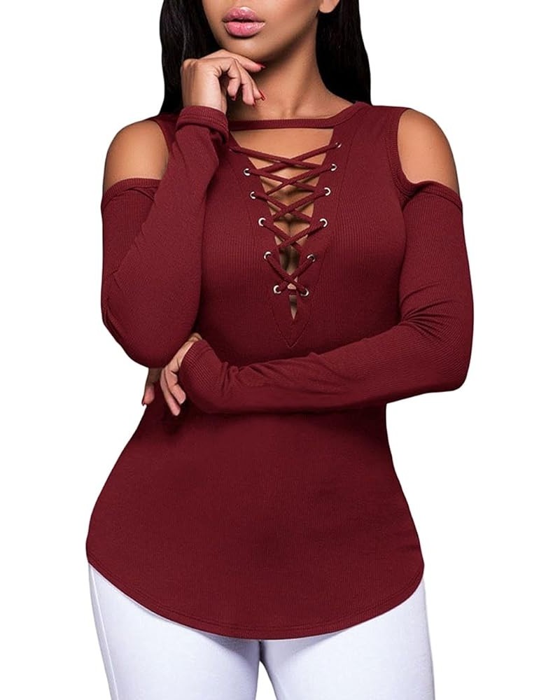 Women's Summer Sexy V-Neck Cold Shoulder Short Sleeve Blouse Slim Lace-up Ribbed Tops Stretchy Casual T-Shirts Long Sleeve Wi...