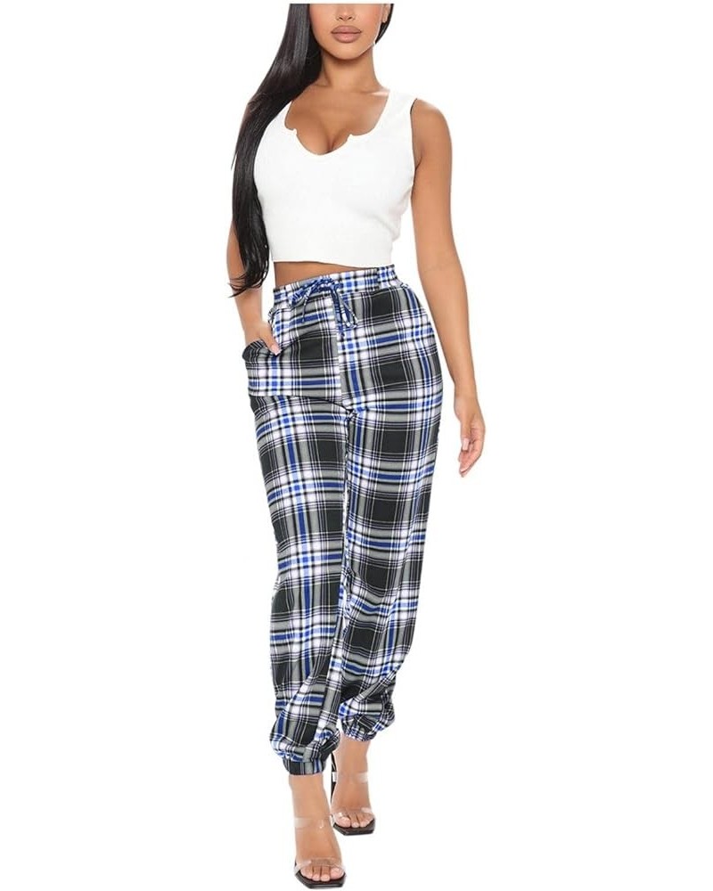 Women's Wide Leg Yoga Leggings Straight Pants Jeans Personality Printed Plaid High-Elastic High Waist Sports Casual B Blue $7...