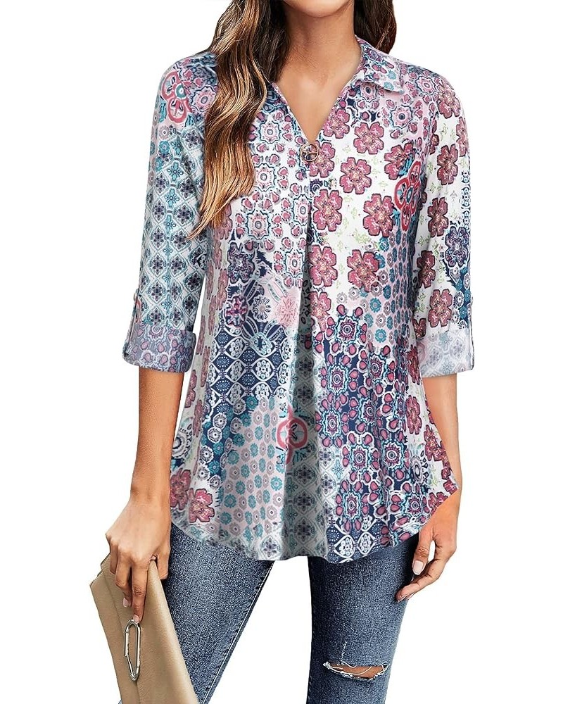 Womens Roll Up 3/4 Sleeve Shirts Collared V Neck Business Casual Tops Loose Work Blouses Lake Blue $15.48 Blouses