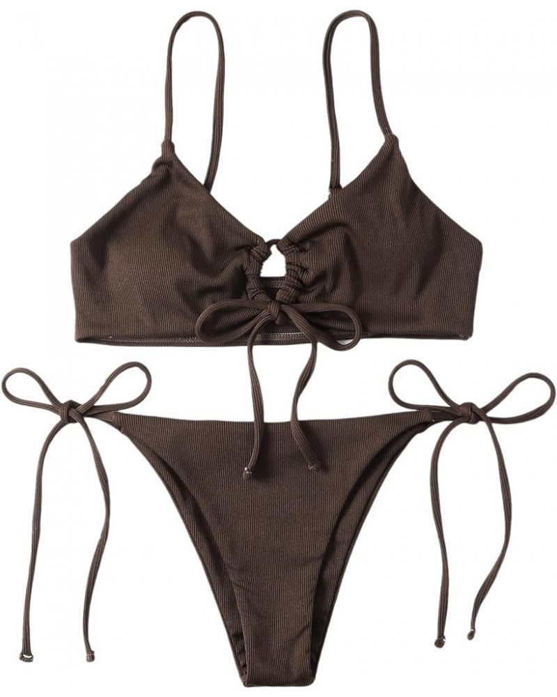 Women's Floral Print Tie Front Bikini Bathing Suit 2 Piece Swimsuits Plain Coffee Brown $19.37 Swimsuits