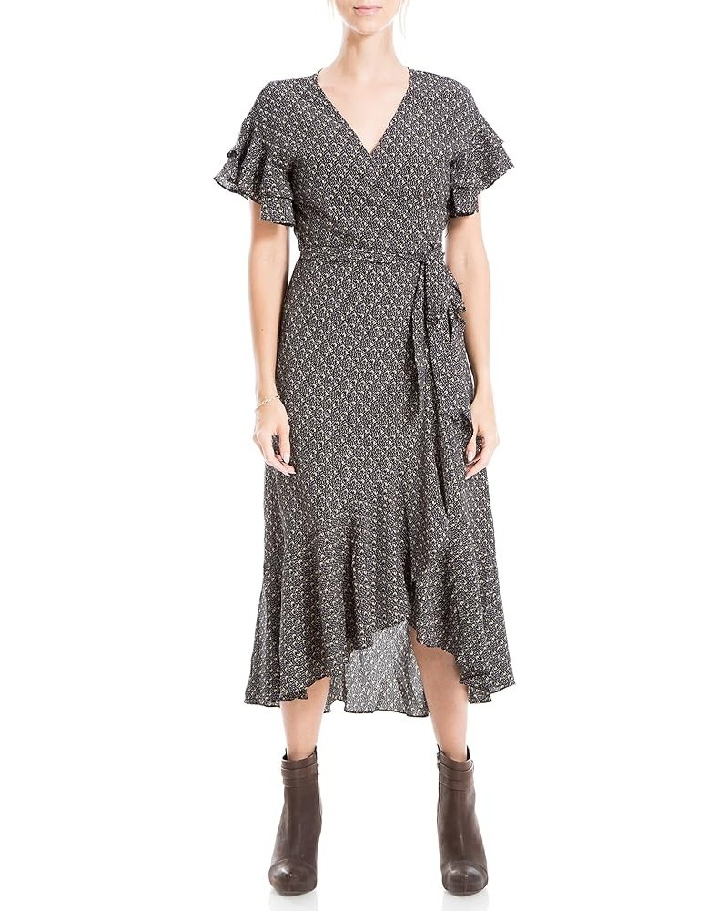 Women's Ruffle Crepe High/Low Wrap Midi Dress Black Moon Dot $10.74 Dresses