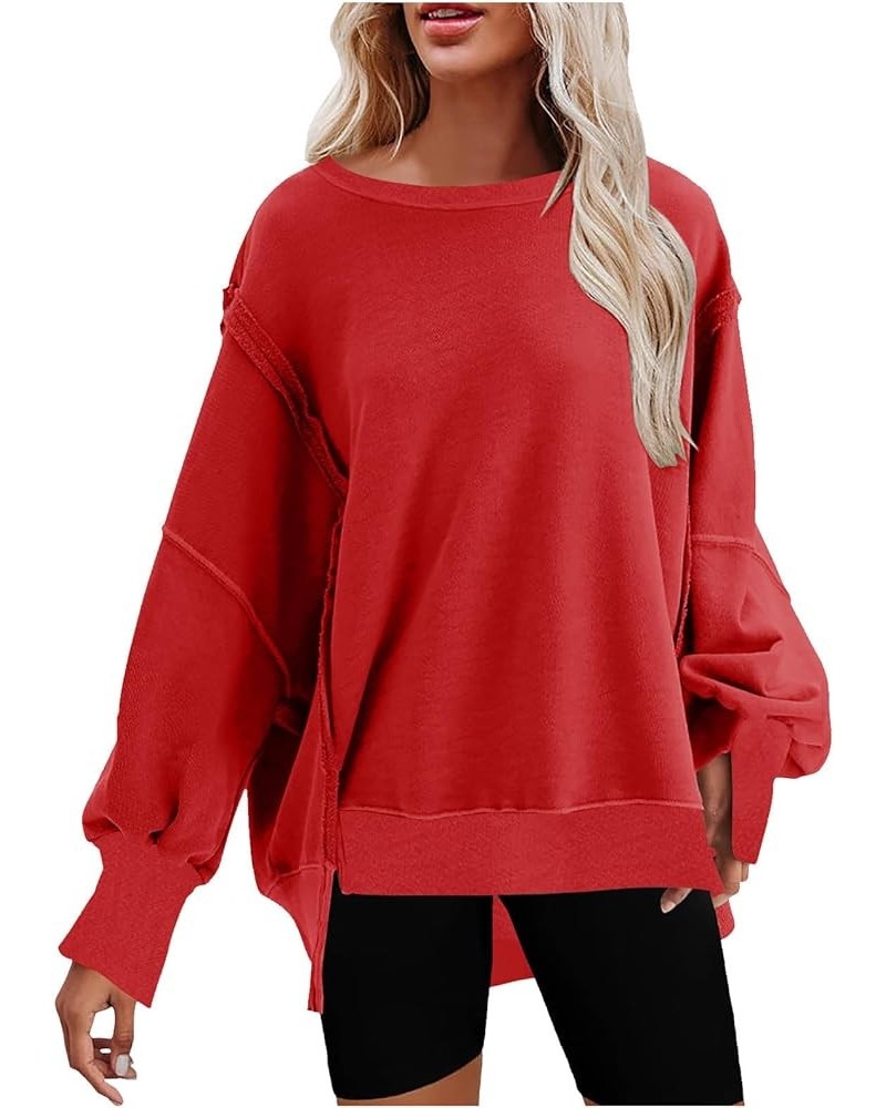 Womens Oversized Crewneck Sweatshirts Loose Fit Solid Color Corded Pullover Tops Fall Fashion Comfort Clothes G09-red $12.37 ...