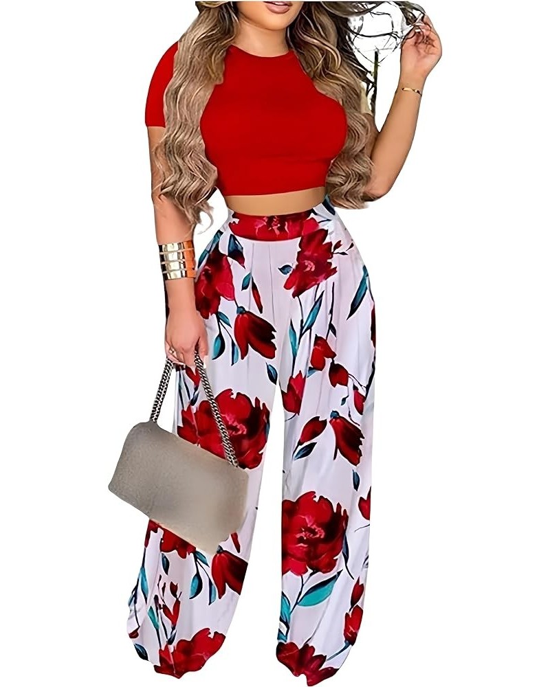 2 Piece Outfits for Women Casual Wide Leg Pants Set Outfits Sexy Front Crop Tops High Waist Jumpsuits Set 408 Red $18.14 Jump...