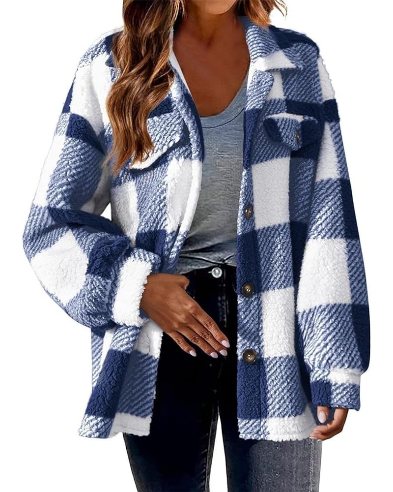 Women's Plaid Flannel Shacket Jacket Winter Warm Button down Sherpa Lined Shirt Coats Plus Size Long Sleeve Outwear 01-blue➤➤...