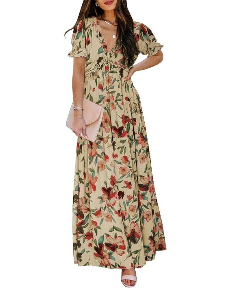 Womens Casual Short Sleeve Boho Floral Printed V Neck Long Dress Ruched Cocktail Party Maxi Wedding Dresses H Apricot $30.79 ...