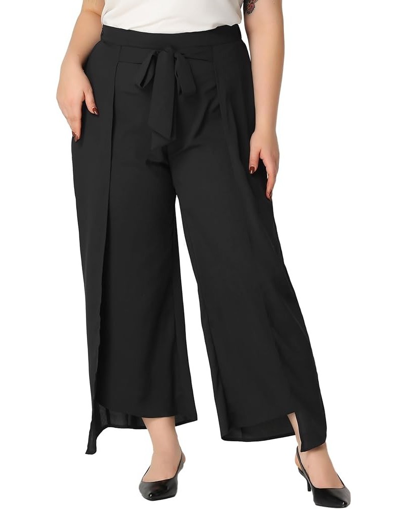 Plus Size Chiffon Palazzo Pants for Women High Waist Tie Front Split Flowy Wide Leg Pants Black $17.32 Pants