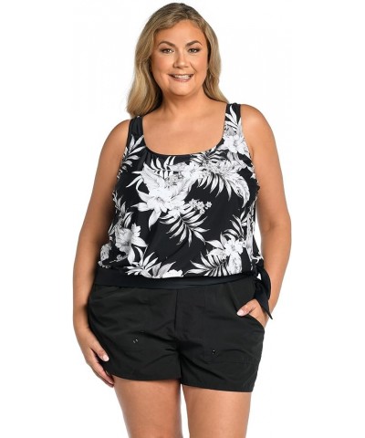 Women's Side Tie Scoop Neck Banded Tankini Swimsuit Top Black//Tropic Paradise $21.57 Swimsuits