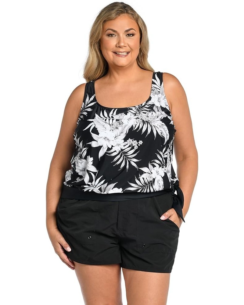 Women's Side Tie Scoop Neck Banded Tankini Swimsuit Top Black//Tropic Paradise $21.57 Swimsuits