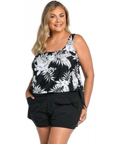 Women's Side Tie Scoop Neck Banded Tankini Swimsuit Top Black//Tropic Paradise $21.57 Swimsuits