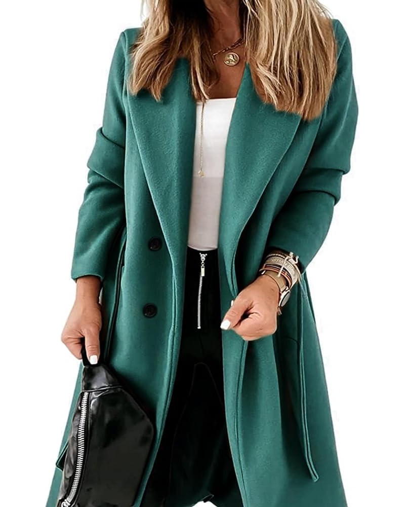 Womens Winter Wool Pea Coat Warm Notched Collar Double Breasted Belted Coat Long Jacket Outerwear Teal $28.60 Coats