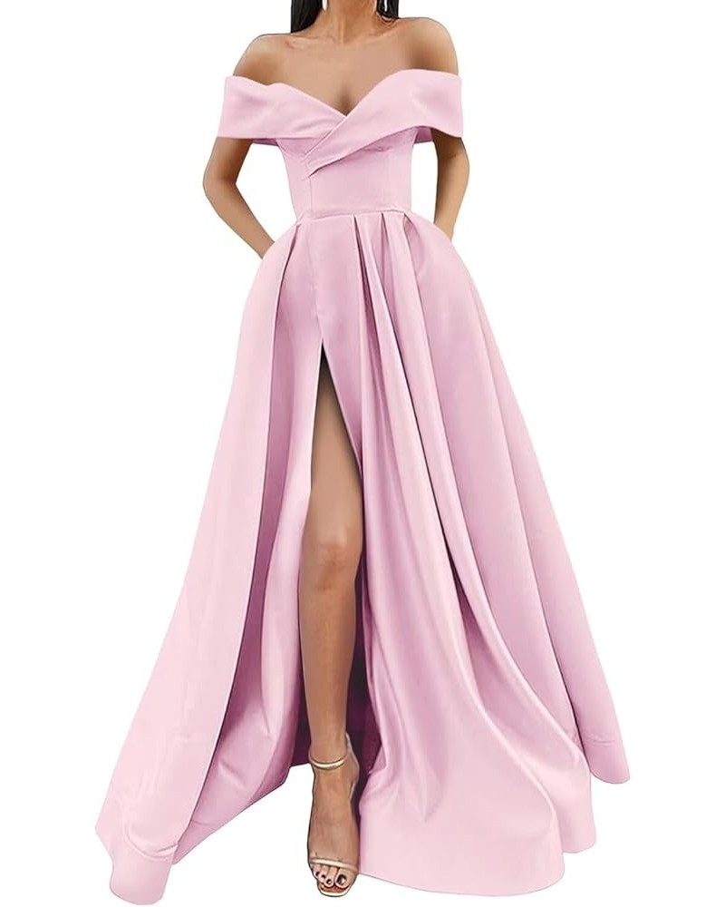 Off Shoulder Long Slit Prom Dresses A-Line Satin Formal Evening Party Gowns with Pockets Pink $42.92 Dresses