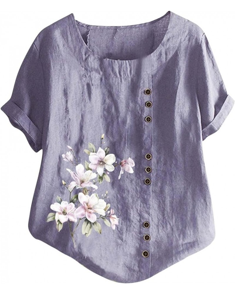 Women's Floral Printed Cotton Linen Short Sleeve Tops Summer Vintage Casual Plus Size Tunic Comfy Loose Fit Tshirts Purple $6...