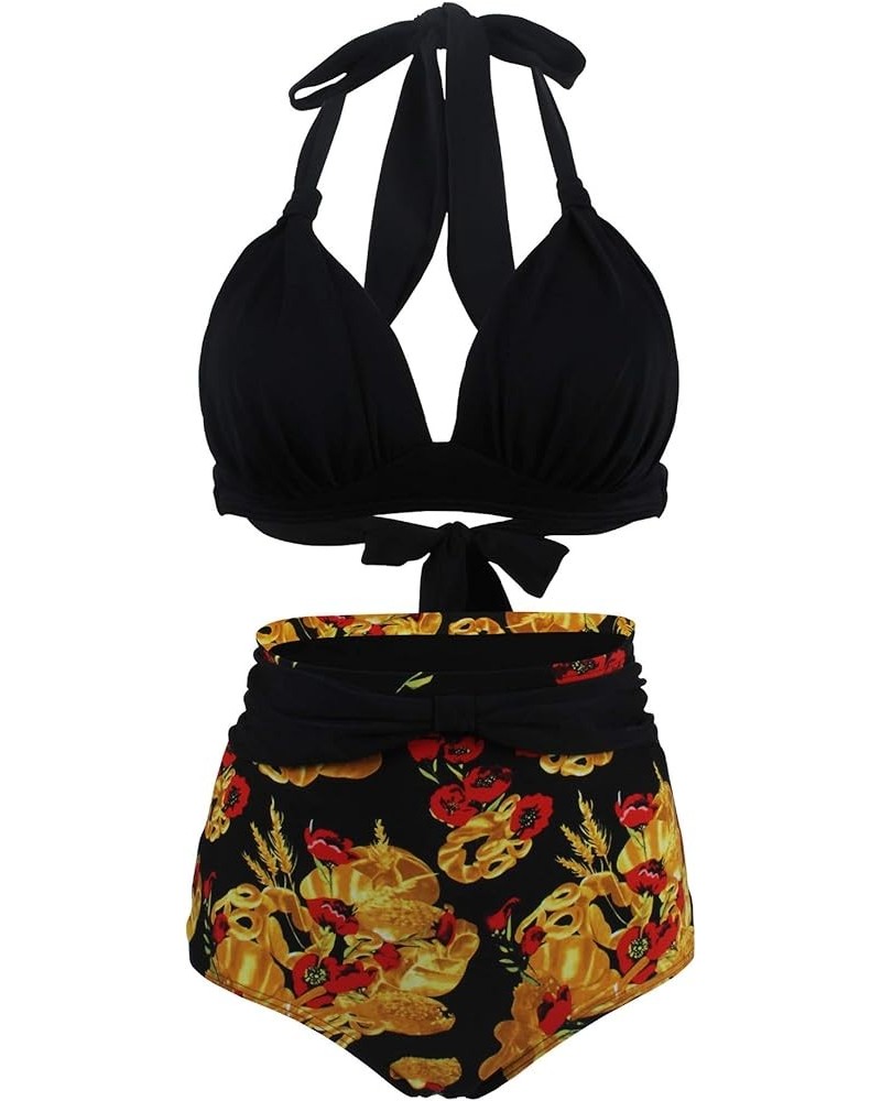 Women's Retro 50s Halter High Waist Ruched Bikini Swimsuit Black Yellow $19.37 Swimsuits