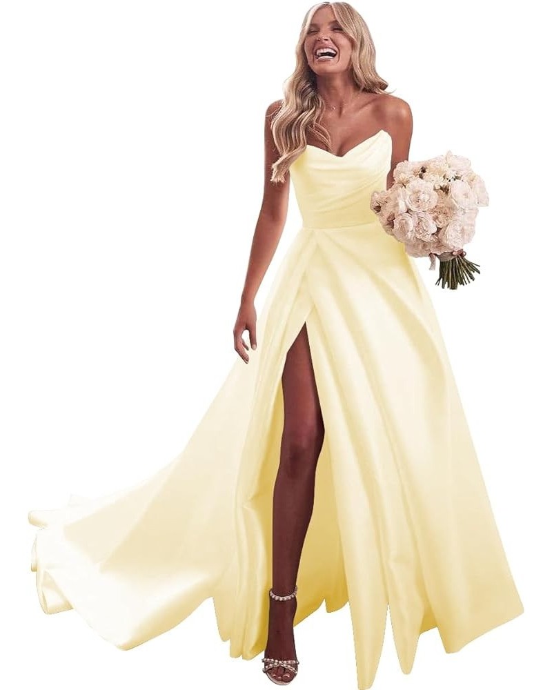 Strapless Satin Prom Dresses with Slit Long Pleats Formal Ball Gowns with Pockets YZTS074 Yellow $33.75 Dresses