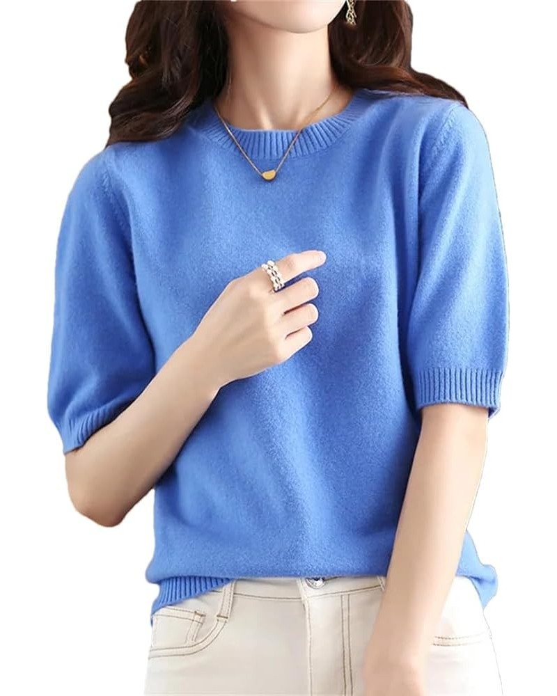 Women's Spring Autumn Merino Wool Sweaters Pullovers O-Neck Short Sleeve Jumper Hu Blue $24.44 Sweaters