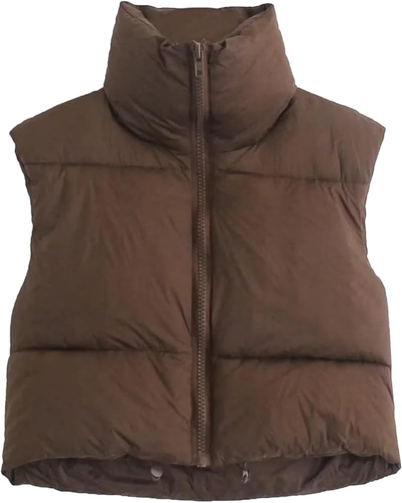 Women's Winter Crop Vest Zip Up Sleeveless Stand Collar Puffer Gilet Warm Lightweight Padded Outerwear Brown $23.99 Vests