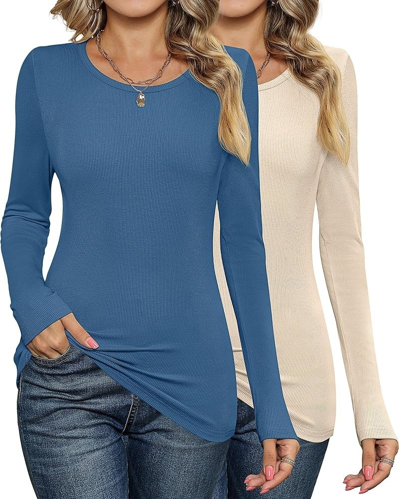 2 Pack Women's Long Sleeve Shirts, Ribbed Slim Fitted Tops Stretch Crew Neck Undershirt Casual Basic Tee Blouse Blue, Apricot...